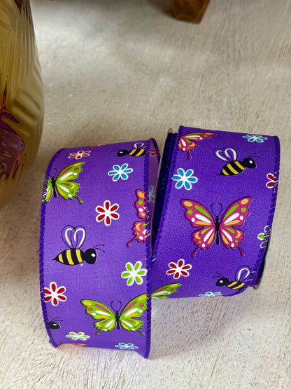 2.5 Inch By 10 Yard Purple Butterfly And Bee Ribbon