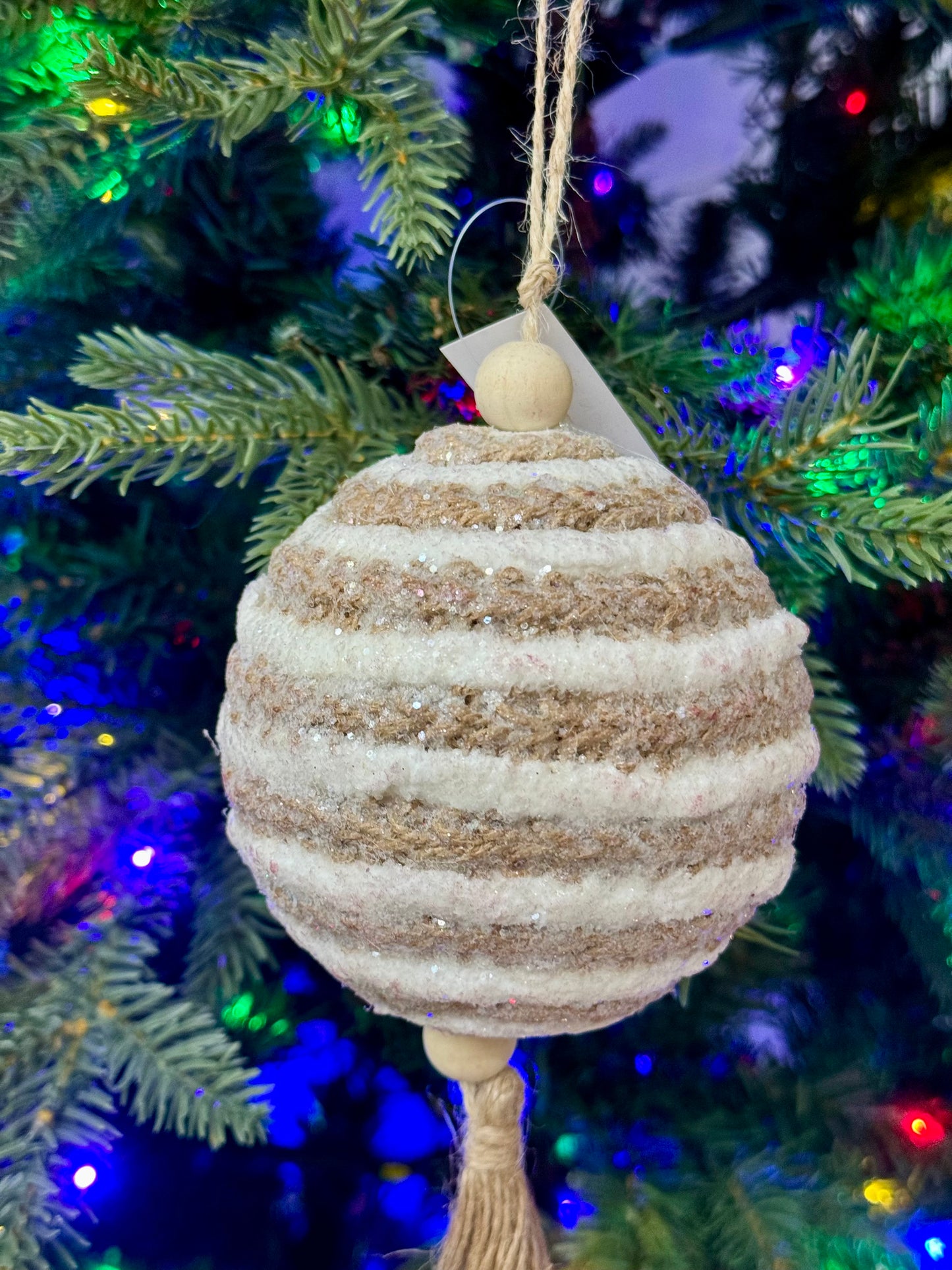 10.25 Inch Brown And White Jute Stripe Ornament With Tassel