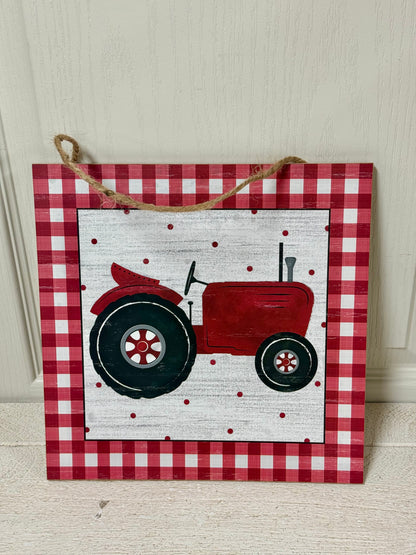 12 Inch Red Gingham Tractor Square Wooden Sign