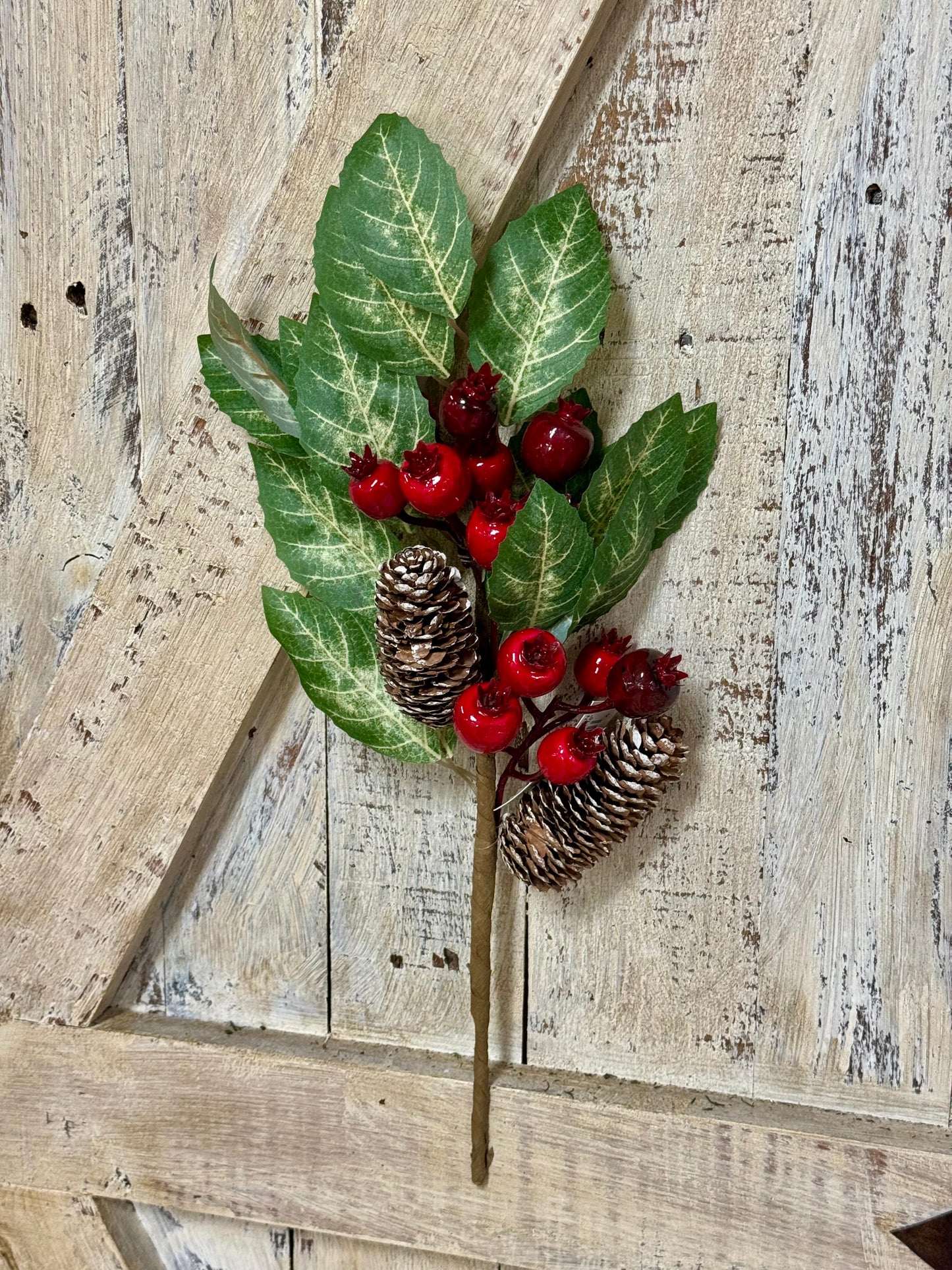 16 Inch Red And Green Berry Pinecone With Leaves Pick