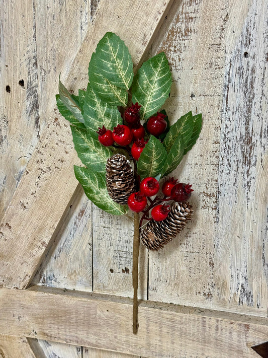 16 Inch Red And Green Berry Pinecone With Leaves Pick