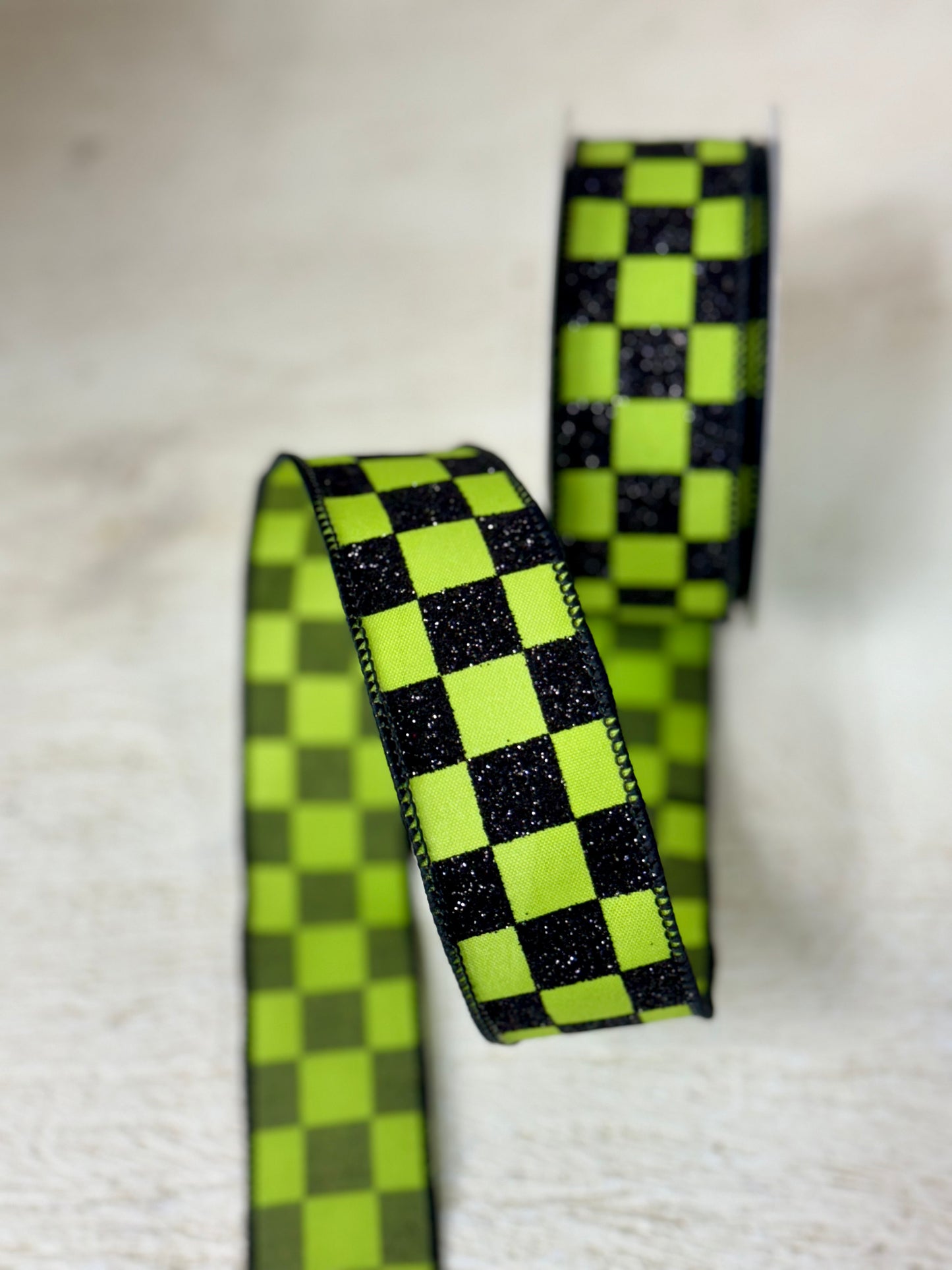 1.5 Inch By 10 Yard Green And Black Glitter Check Ribbon