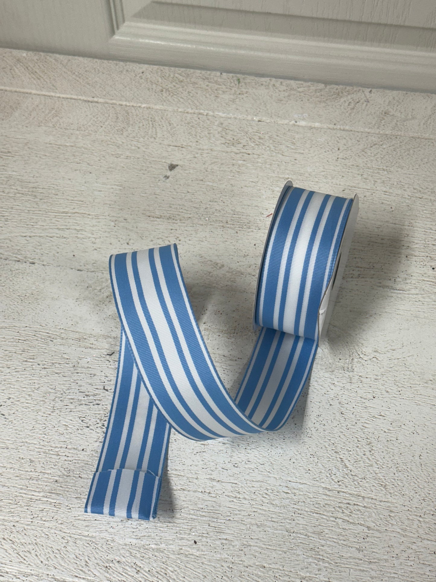 1.5 Inch By 10 Yard Baby Blue And White Striped Ribbon