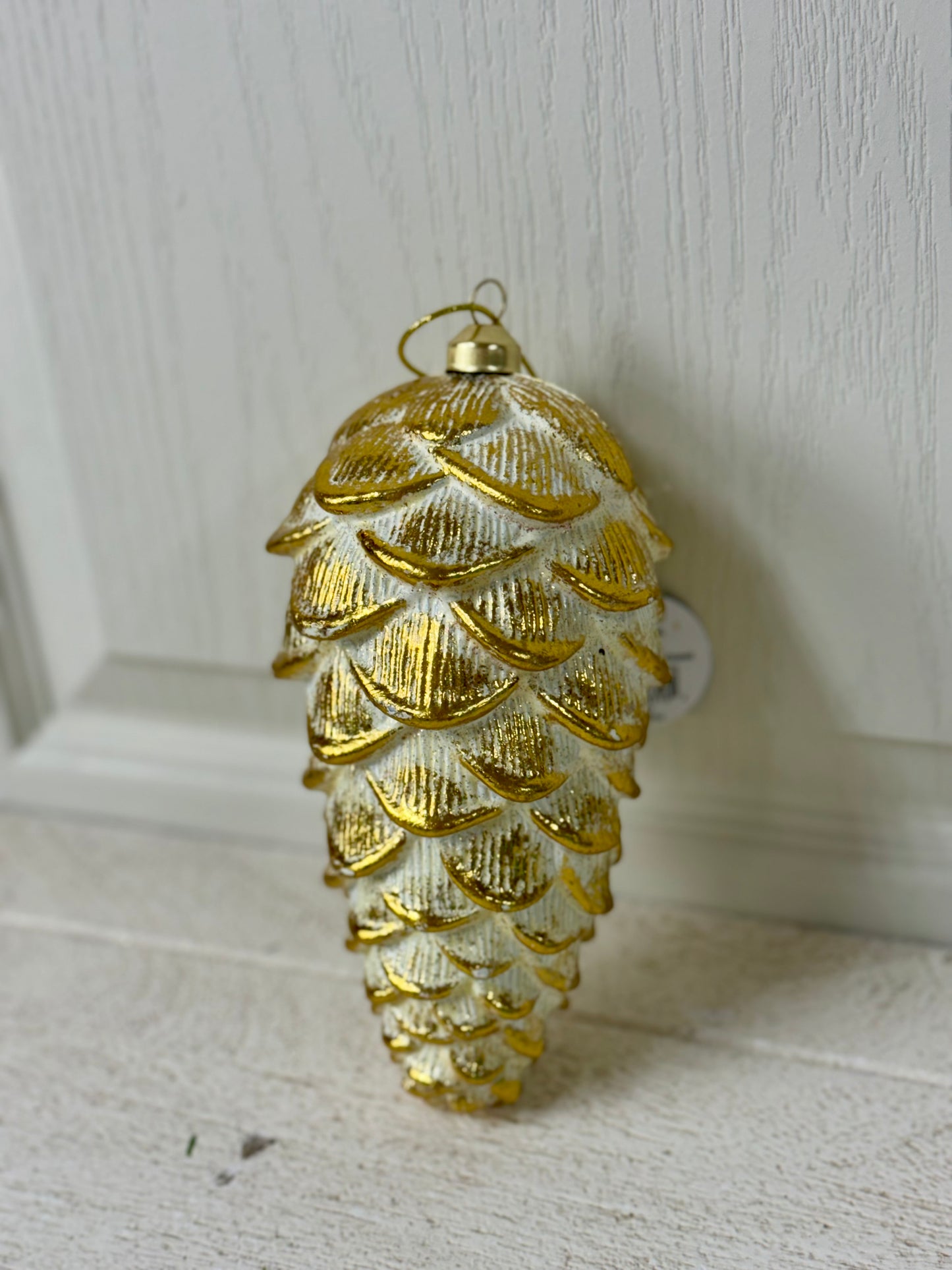 8 Inch Cream And Gold Metallic Pinecone Ornament