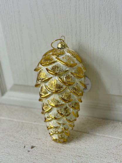 8 Inch Cream And Gold Metallic Pinecone Ornament