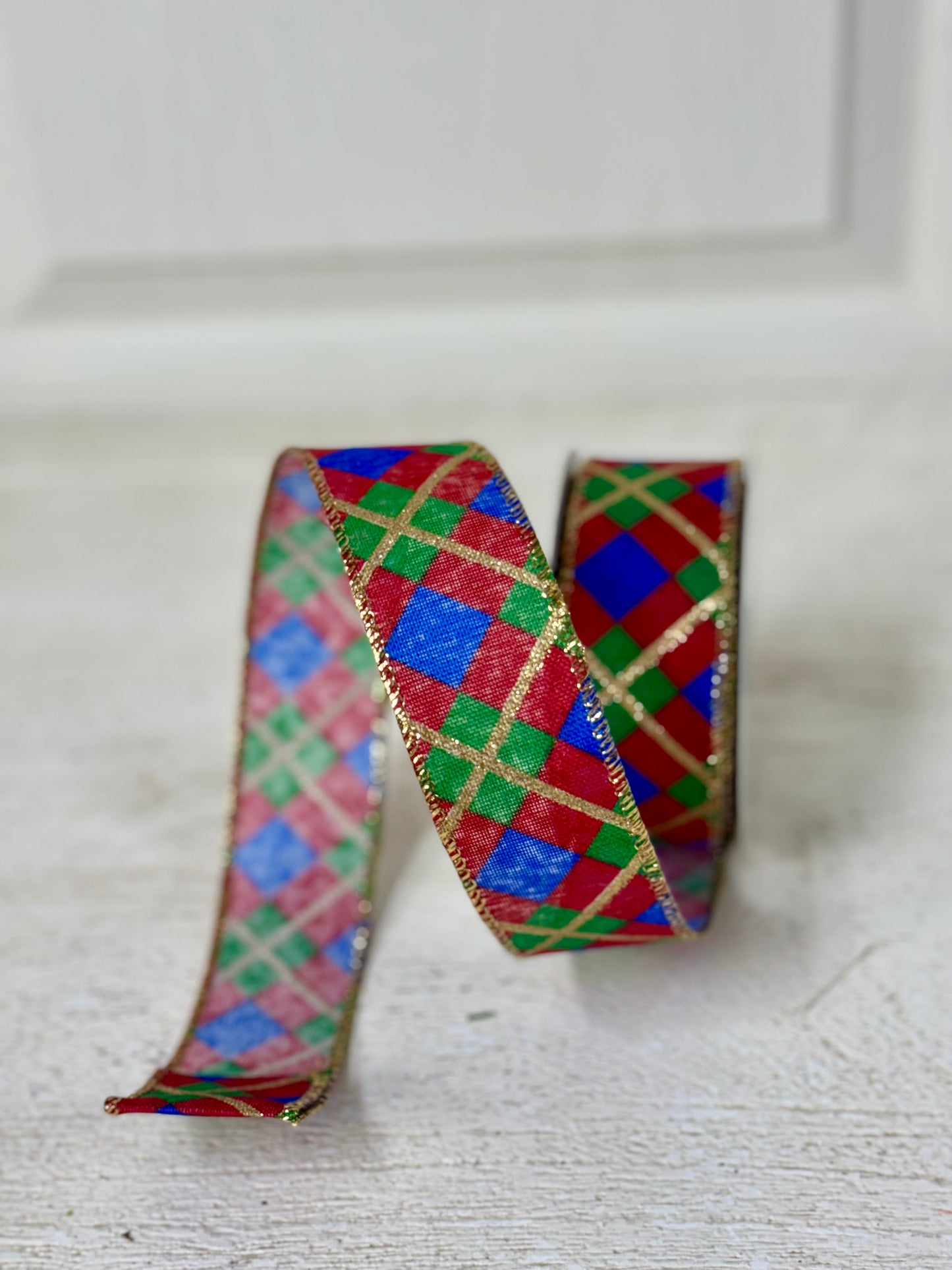 1.5 Inch By 10 Yard Gold Red Green And Blue Georgina Plaid Ribbon