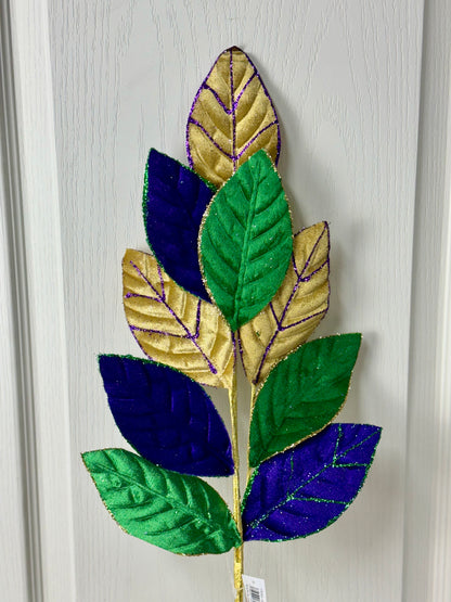 27 Inch Mardi Gras Velvet Glitter Leaf Spray