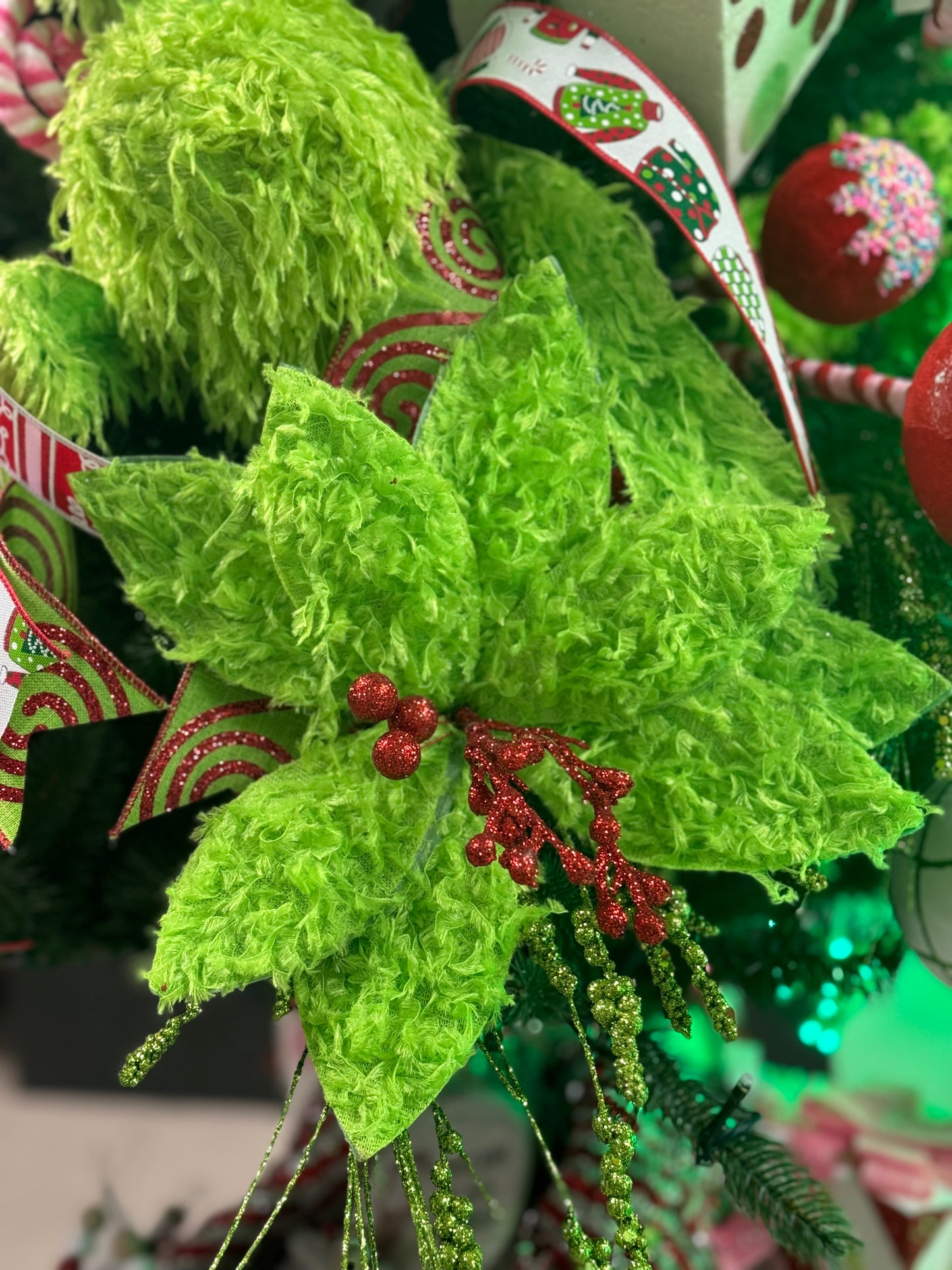 11 Inch Green Furry Feather Poinsettia Stem