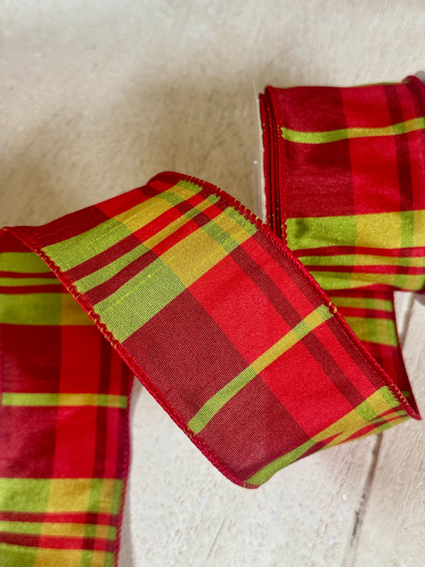 2.5 Inch By 10 Yard Red Green Christmas Dupioni Plaid Ribbon