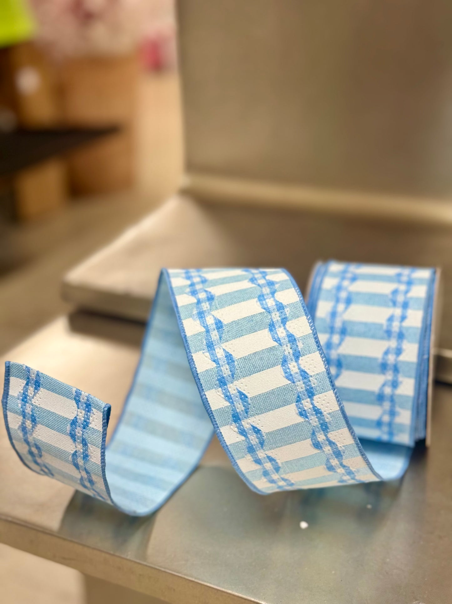 2.5 Inch By 10 Yard Light Blue And White Gingham Ricrac Ribbon