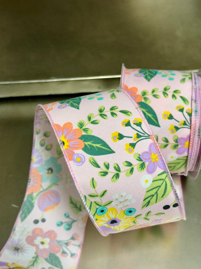 2.5 Inch By 10 Yard Peach And Lavender Graphic Floral Ribbon