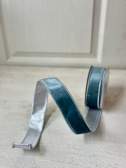 1.5 Inch By 10 Yard Bluish Gray Velvet Ribbon With Silver Satin Backing