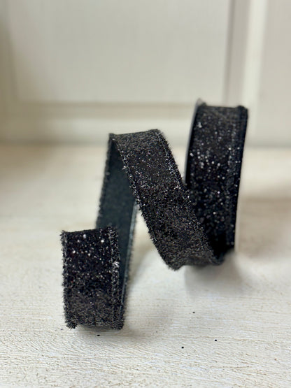 1.5 Inch By 10 Yard Black Glitter Ribbon With Tinsel Edging