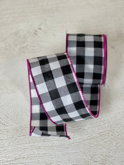2.5 Inch By 10 Yard Black And White Check With Fuchsia Edging Ribbon
