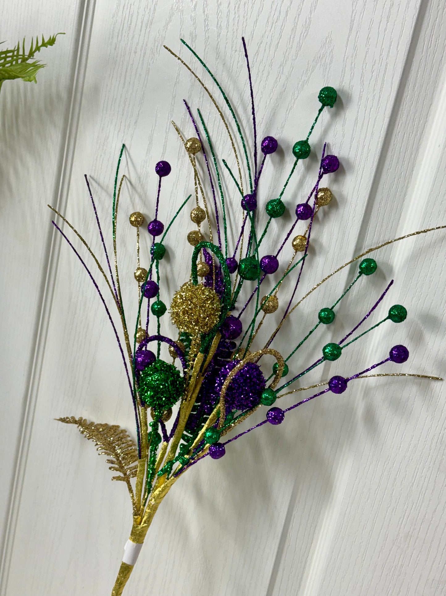 27.5 Inch Mardi Gras Glitter Fern Ball Spray