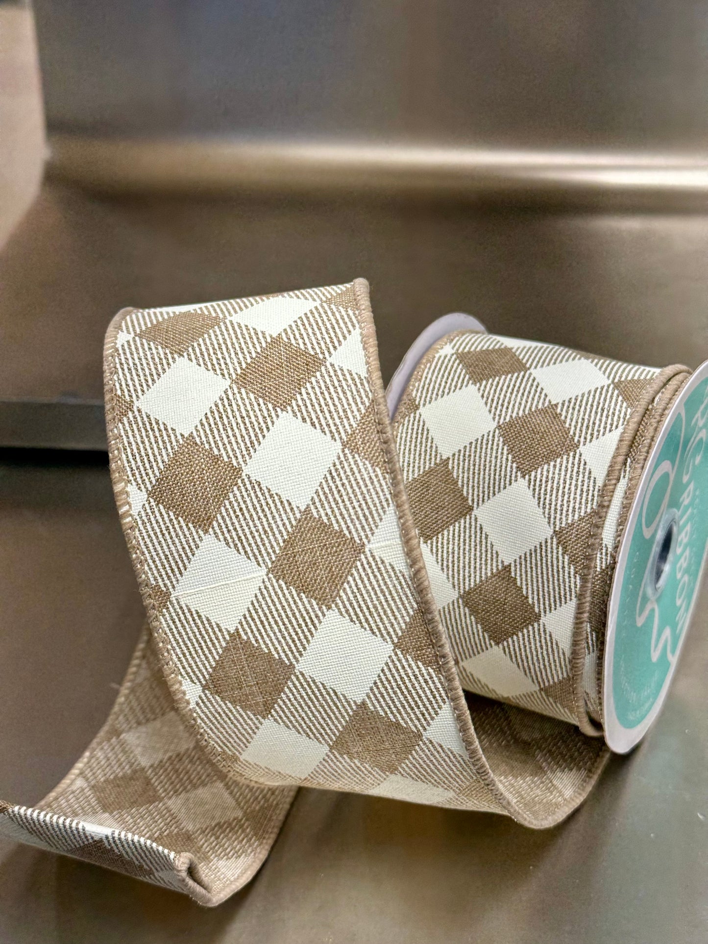 2.5 Inch By 10 Yard Light Beige And Ivory Check Ribbon