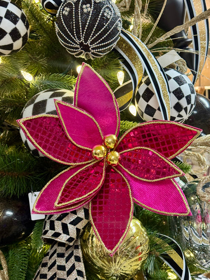 15 Inch Fuchsia And Gold Sequin Poinsettia Spray