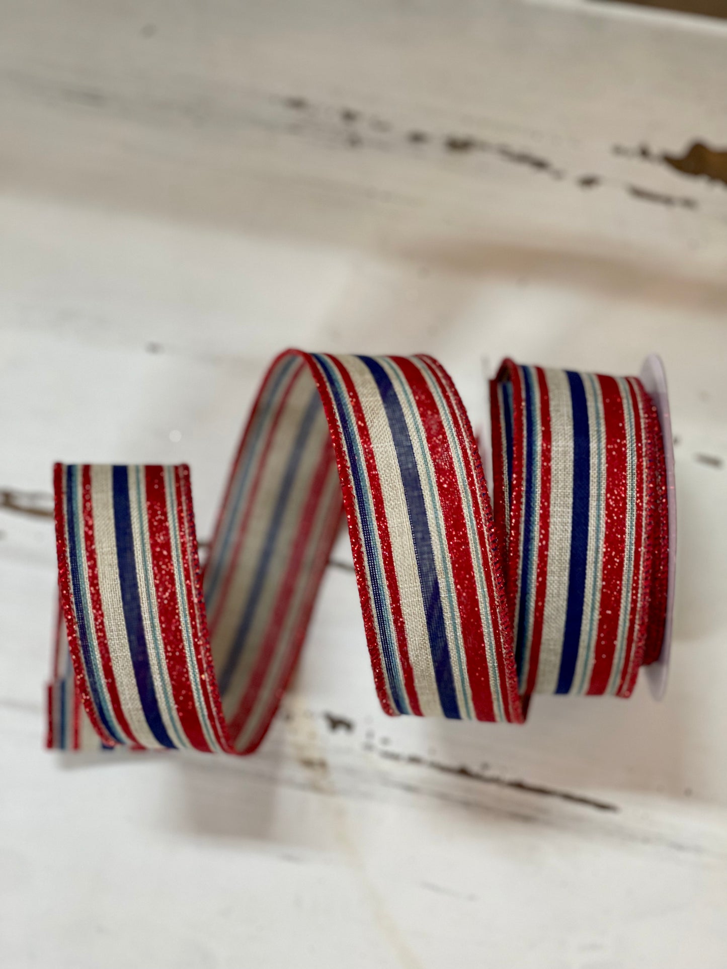 1.5 Inch By 10 Yard Red Blue And Natural Vertical Stripe Ribbon