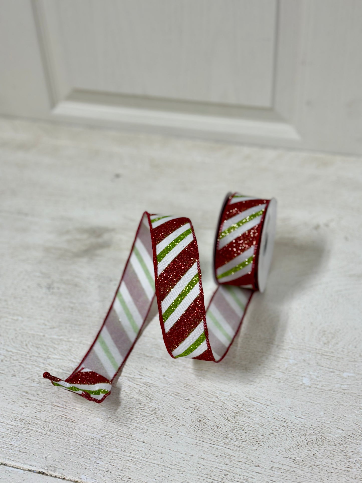 1.5 Inch By 10 Yard Red And Lime Green Glitter Striped Ribbon