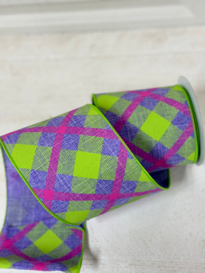 4 Inch By 10 Yard Lavender Pink And Lime Green Plaid Ribbon