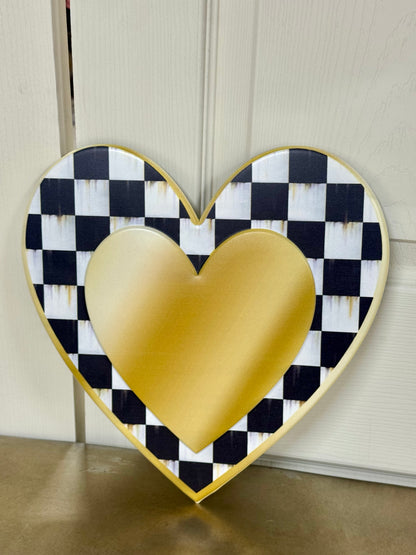 12 Inch Black White Gold Checkered Heart Metal Sign