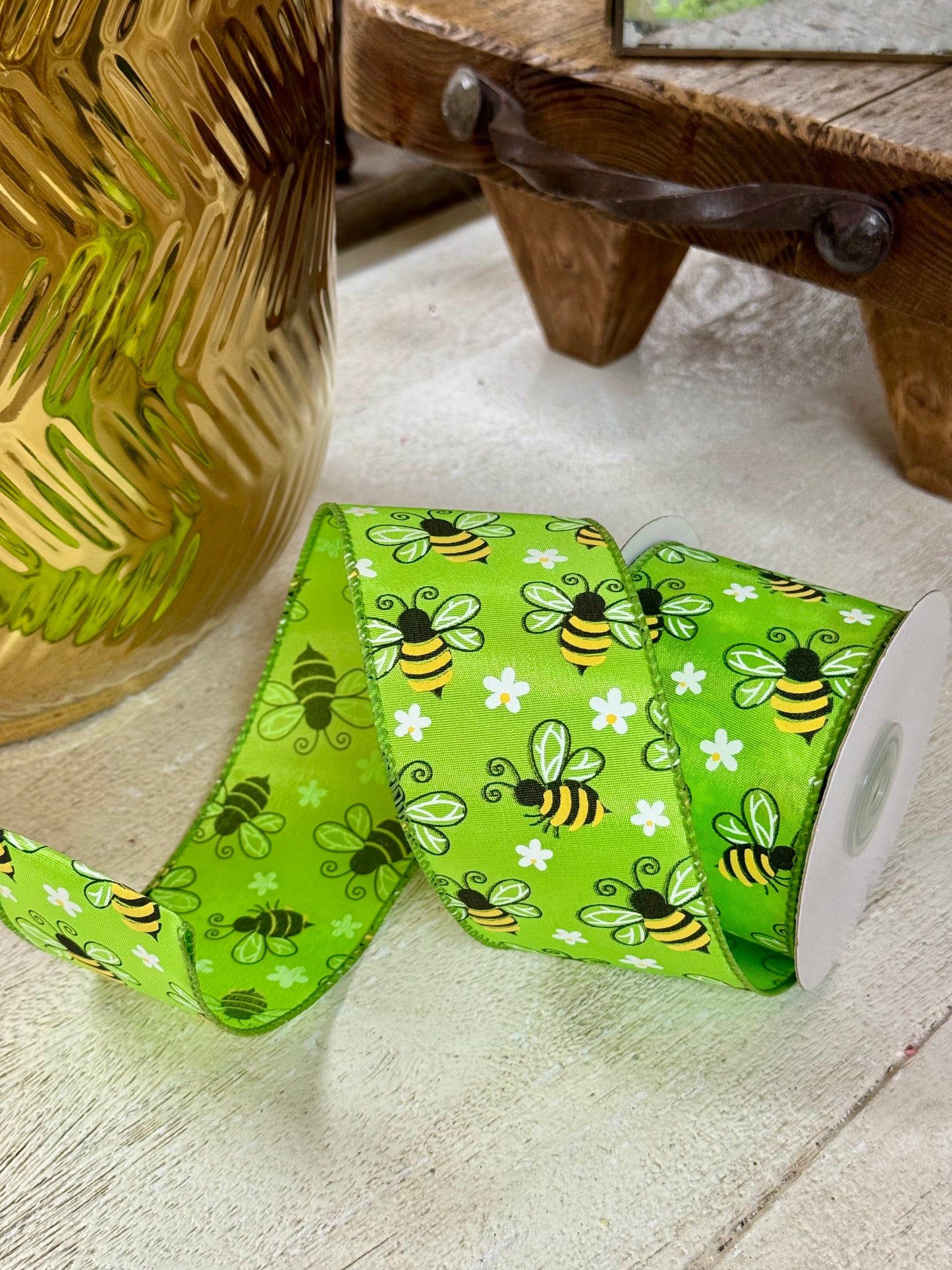 2.5 Inch By 10 Yard Lime Green Bumble Bees Ribbon