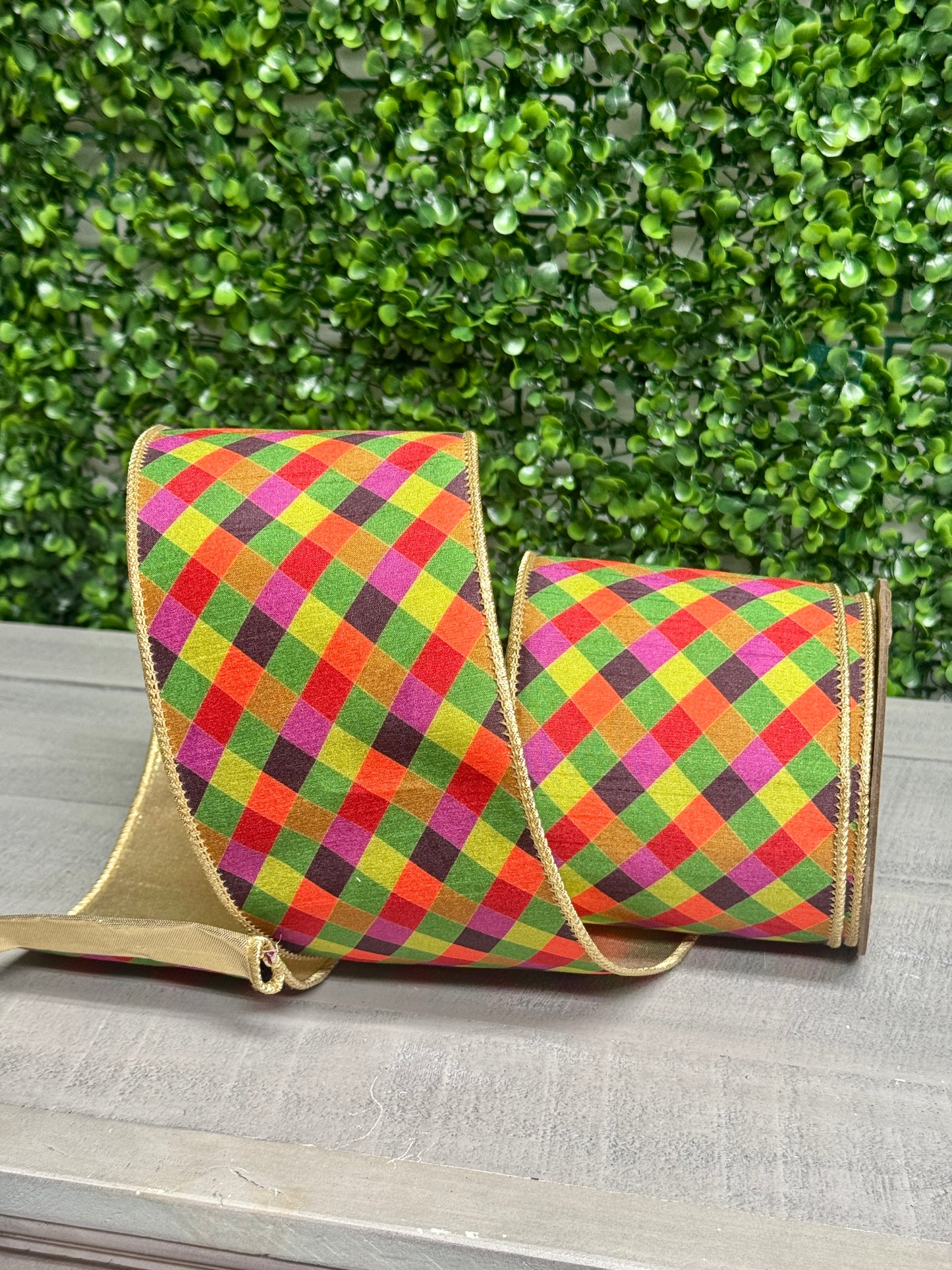 4 Inch By 10 Yard Multi Jewel Tone Check Plaid With Gold Metallic Fused Dupioni Ribbon