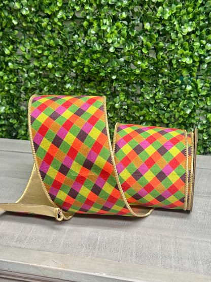 4 Inch By 10 Yard Multi Jewel Tone Check Plaid With Gold Metallic Fused Dupioni Ribbon