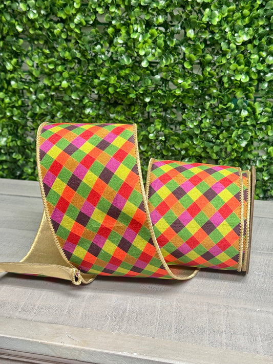 4 Inch By 10 Yard Multi Jewel Tone Check Plaid With Gold Metallic Fused Dupioni Ribbon