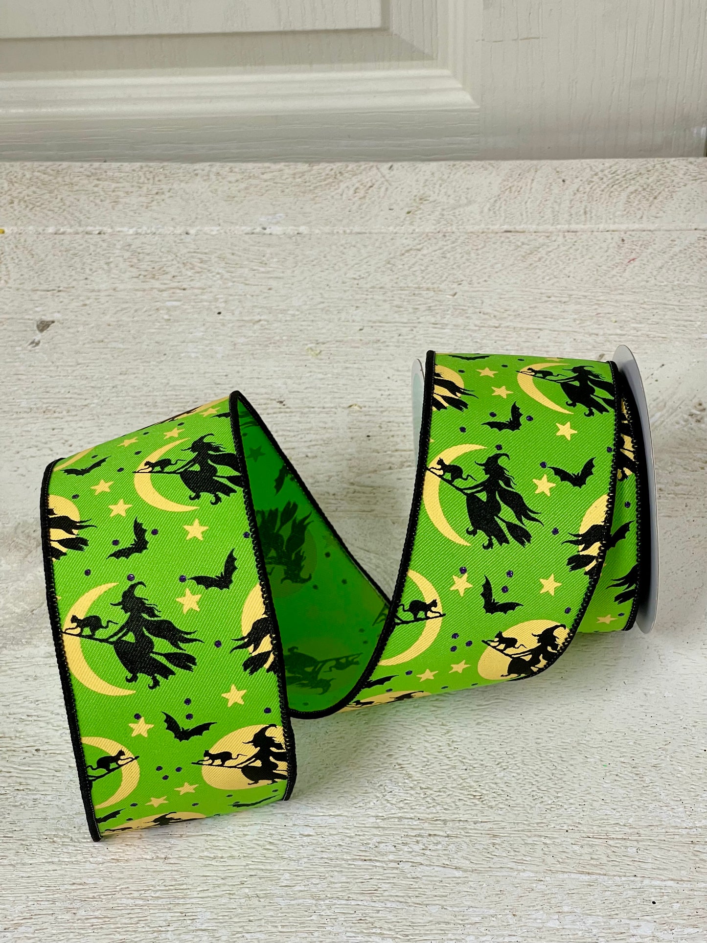 2.5 Inch By 10 Yard Lime Green Witch Flying By Moon Ribbon