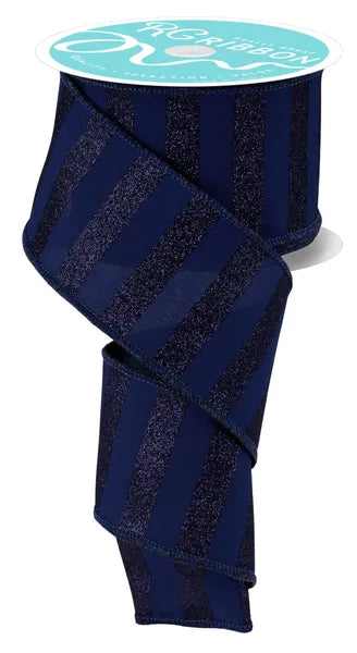 2.5 Inch By 10 Yard Navy Blue Horizontal Glitter Stripes Ribbon