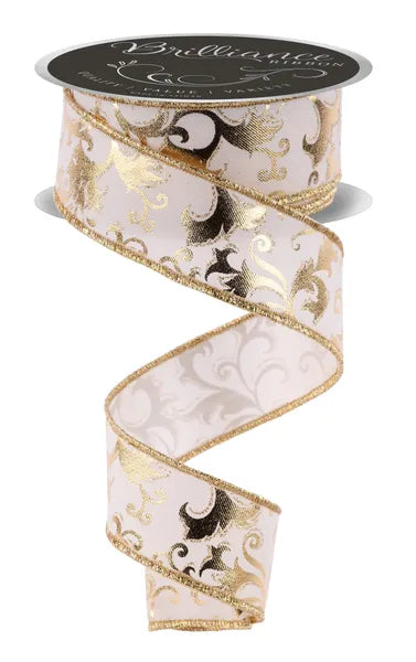 1.5 Inch By 10 Yard Gold And White Metallic Foil Swirl Leaf Ribbon