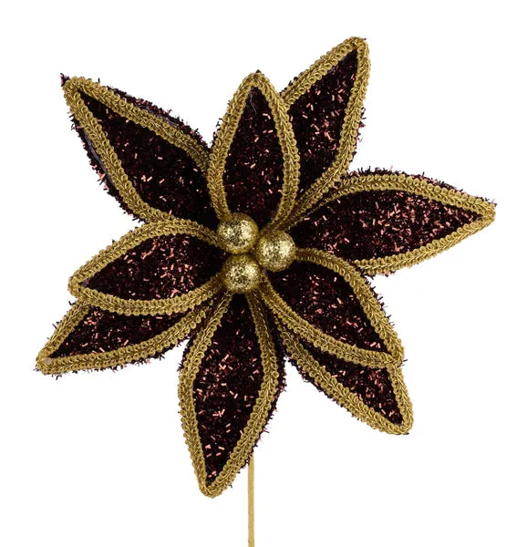 14 Inch Chocolate And Gold Glitter Laced Edge Poinsettia Pick