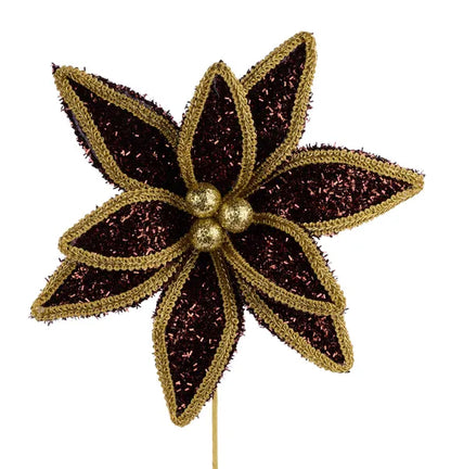 14 Inch Chocolate And Gold Glitter Laced Edge Poinsettia Pick