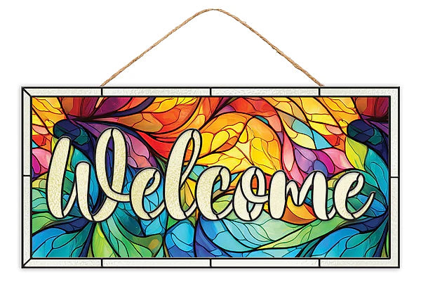 12.5 Inch Welcome Stained Glass Wood Sign