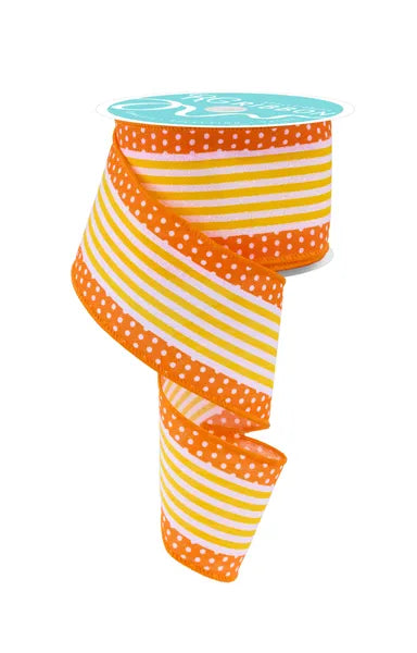 2.5 Inch By 10 Yard White Orange And Yellow Vertical Stripe And Polka Dot Ribbon