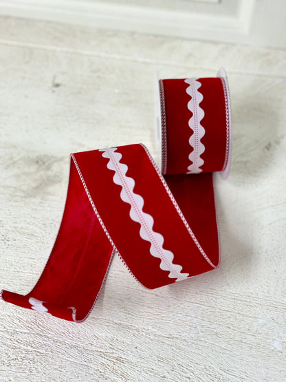 2.5 Inch By 10 Yards Red Velvet With White Rick Rack Stripe Ribbon