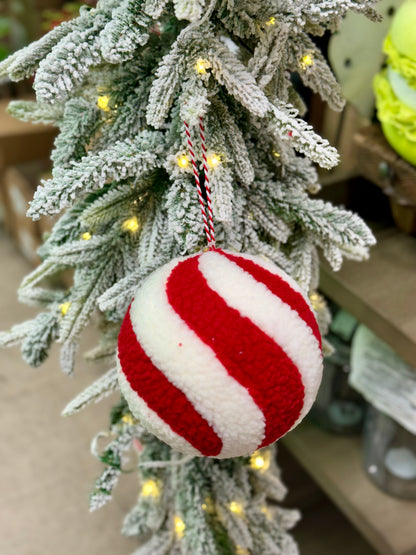 6.5 Inch Red And White Whimsical Wool Peppermint Stripe Ornament Ball