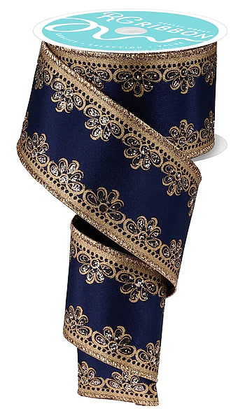 2.5 Inch By 10 Yard Navy Gold And Champagne Lux Scallop Trim Ribbon