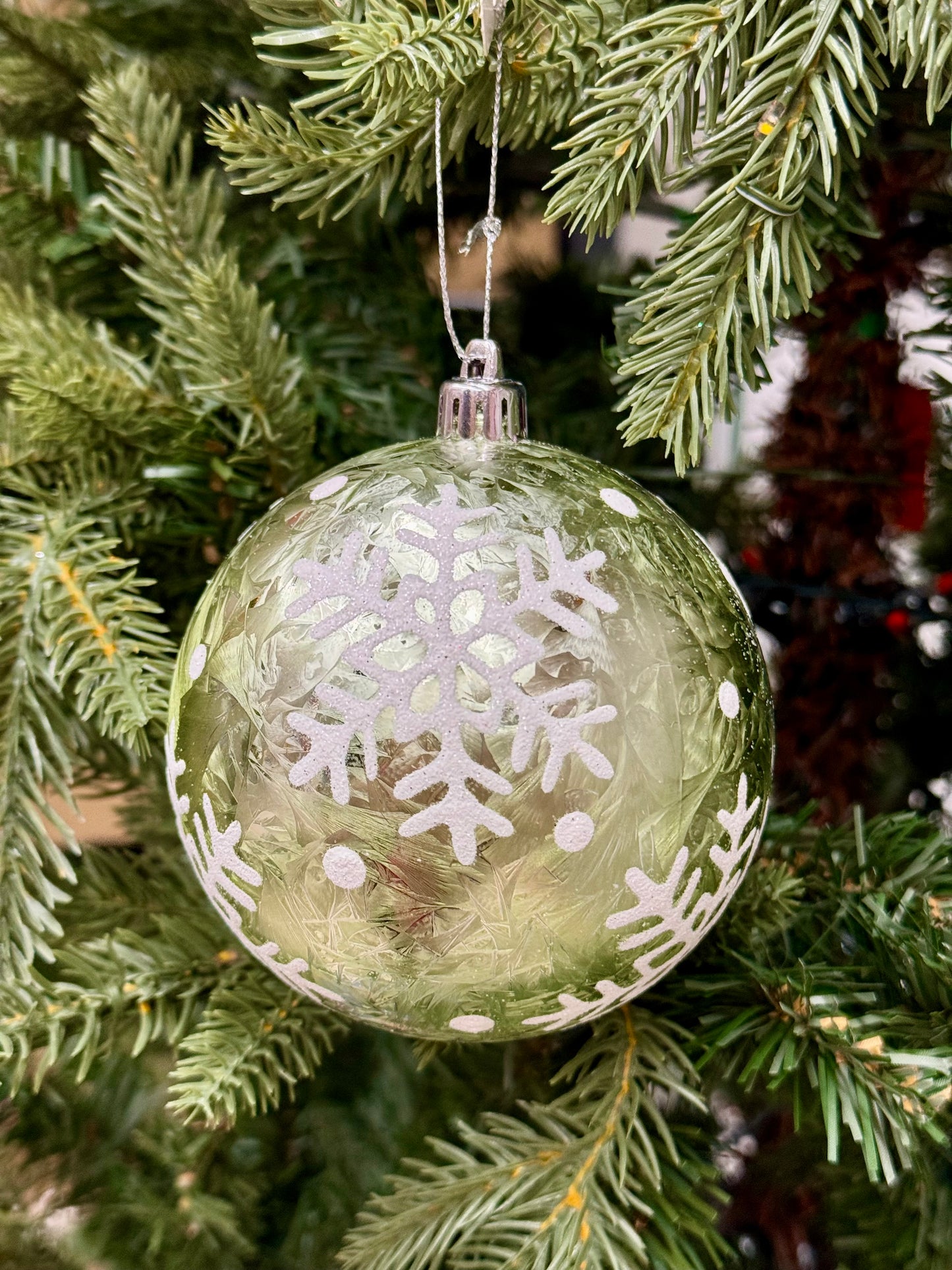 4 Inch Snowflake Feather Green Ornament Ball