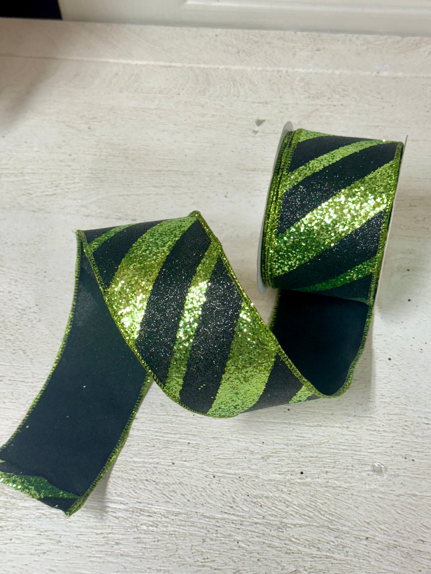 2.5 Inch By 10 Yard Lime Green And Black Large Striped Glitter Ribbon