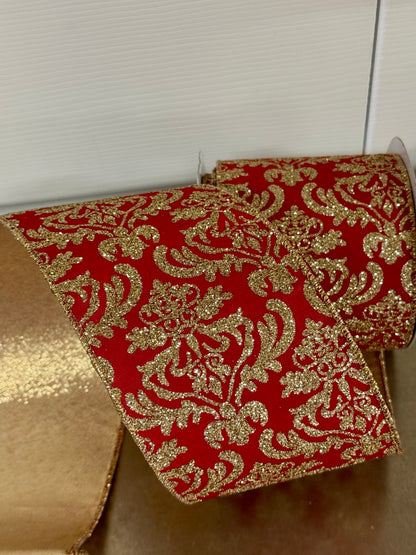 4 Inch By 10 Yard Red And Light Gold Damask Metallic Fused Ribbon