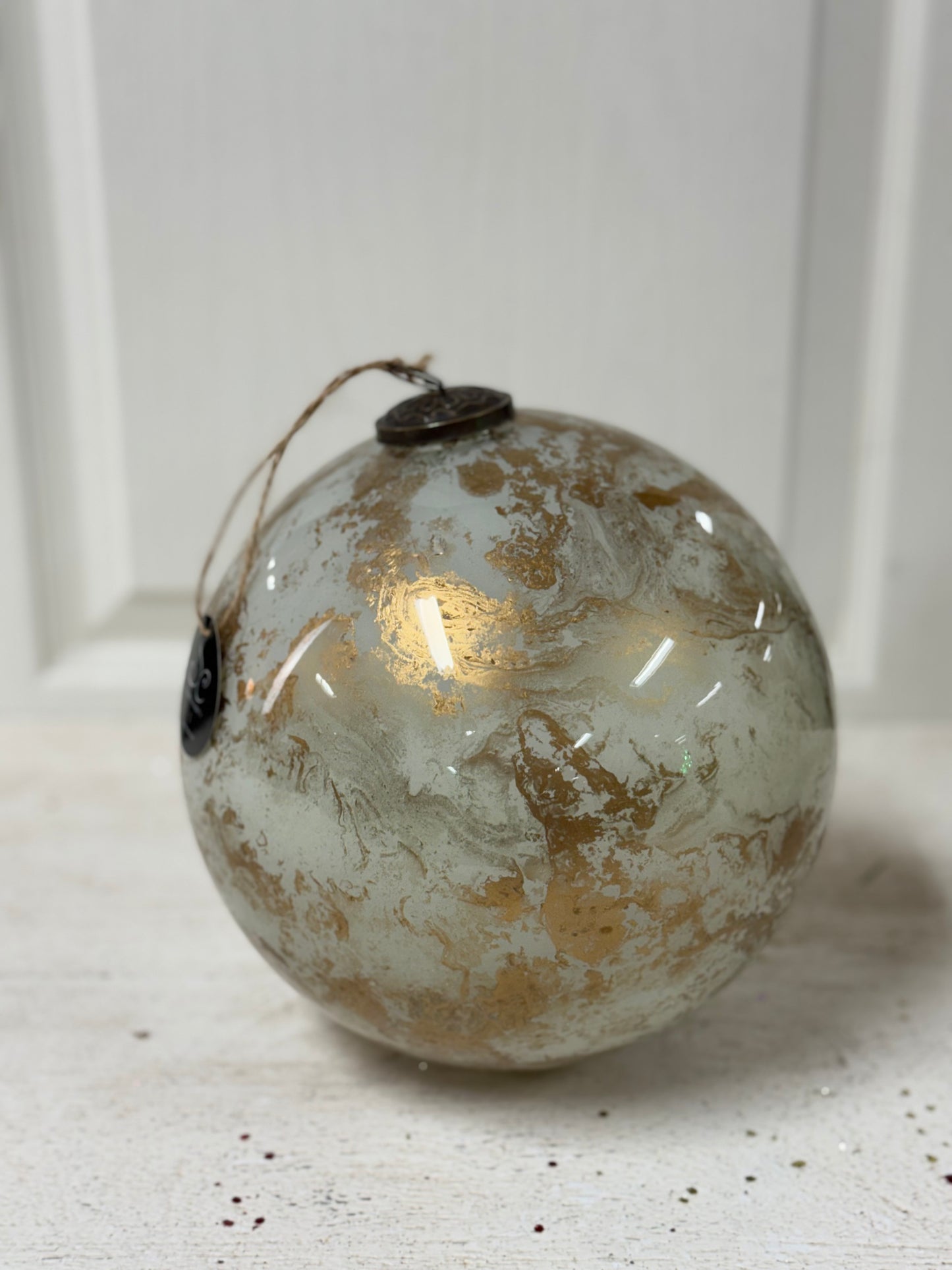 8 Inch Gold And White Glass Marble Ornament Ball