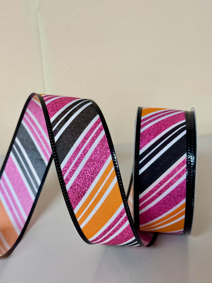 1.5 Inch By 10 Yard Orange Black And Pink Striped Ribbon