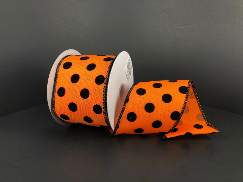 2.5 Inch By 10 Yard Orange And Black Polka Dot Ribbon