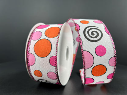 1.5 Inch By 10 Yard Orange And Pink Polka Dots With Black Swirls Ribbon