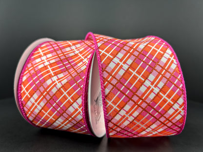 2.5 Inch By 10 Yard Orange Fuchsia And White Diagonal Plaid Ribbon