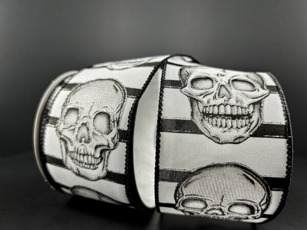 2.5 Inch By 10 Yard Black And White Skull Head Ribbon