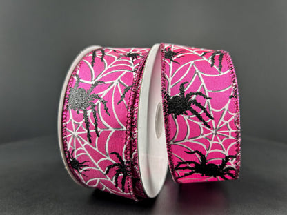 1.5 Inch By 10 Yard Fuchsia Spider And Spider Web Ribbon