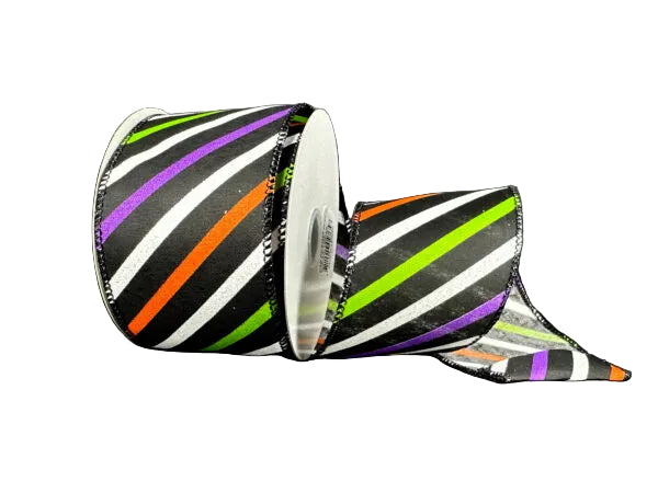 2.5 Inch By 10 Yard Purple Black Lime White Striped Ribbon